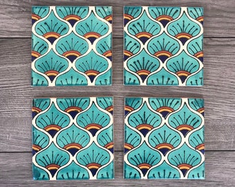 Turquoise Peacock "Pavo Real" Mexican Tile Coasters