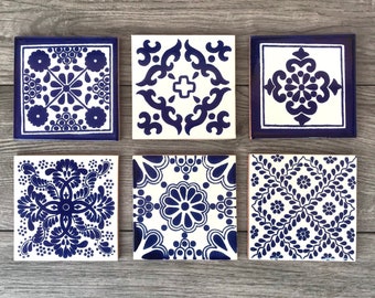 personalized tile blue tile big tile coaster backsplash tile Autentic handpainted blue white spanish tile with geometric hearts design