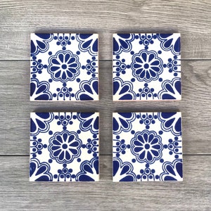 Blue and Off-White &quot;Ramos&quot; Mexican Tile Coasters