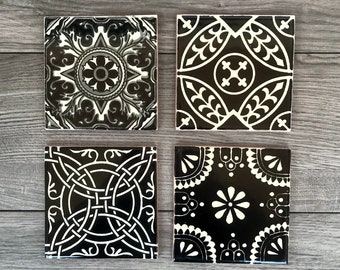 Mixed Set of 4 Black and Off-White Mexican Tile Coasters