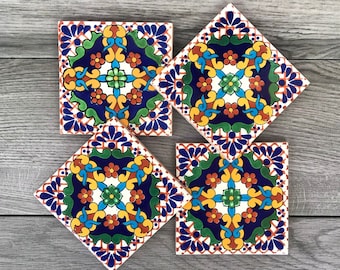 Blue, Yellow, and Red "Macotera" Mexican Tile Coasters