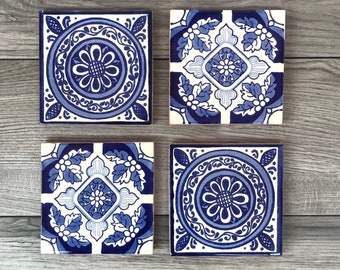 Mixed Set of 4 Blue and Off-White Mexican Tile Coasters