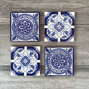 Mixed Set of 4 Blue and Off-White Mexican Tile Coasters