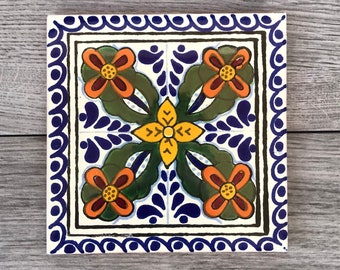 6&quot; Blue, White and Green &quot;Cacerez&quot; Mexican Tile Trivet