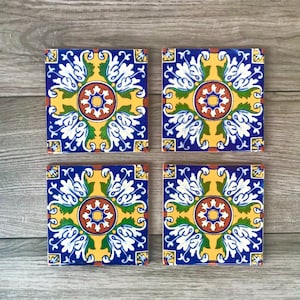Blue and Yellow &quot;Romanesco&quot; Mexican Tile Coasters
