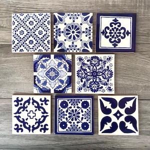 Mixed Set of 8 Blue and Off-White Mexican Tile Coasters