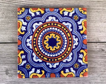 6" Blue and Red "Royal Completo" Mexican Tile Trivet