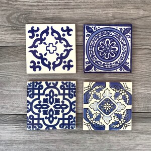 Mixed Set of 4 Blue and Off-white Mexican Tile Coasters ...