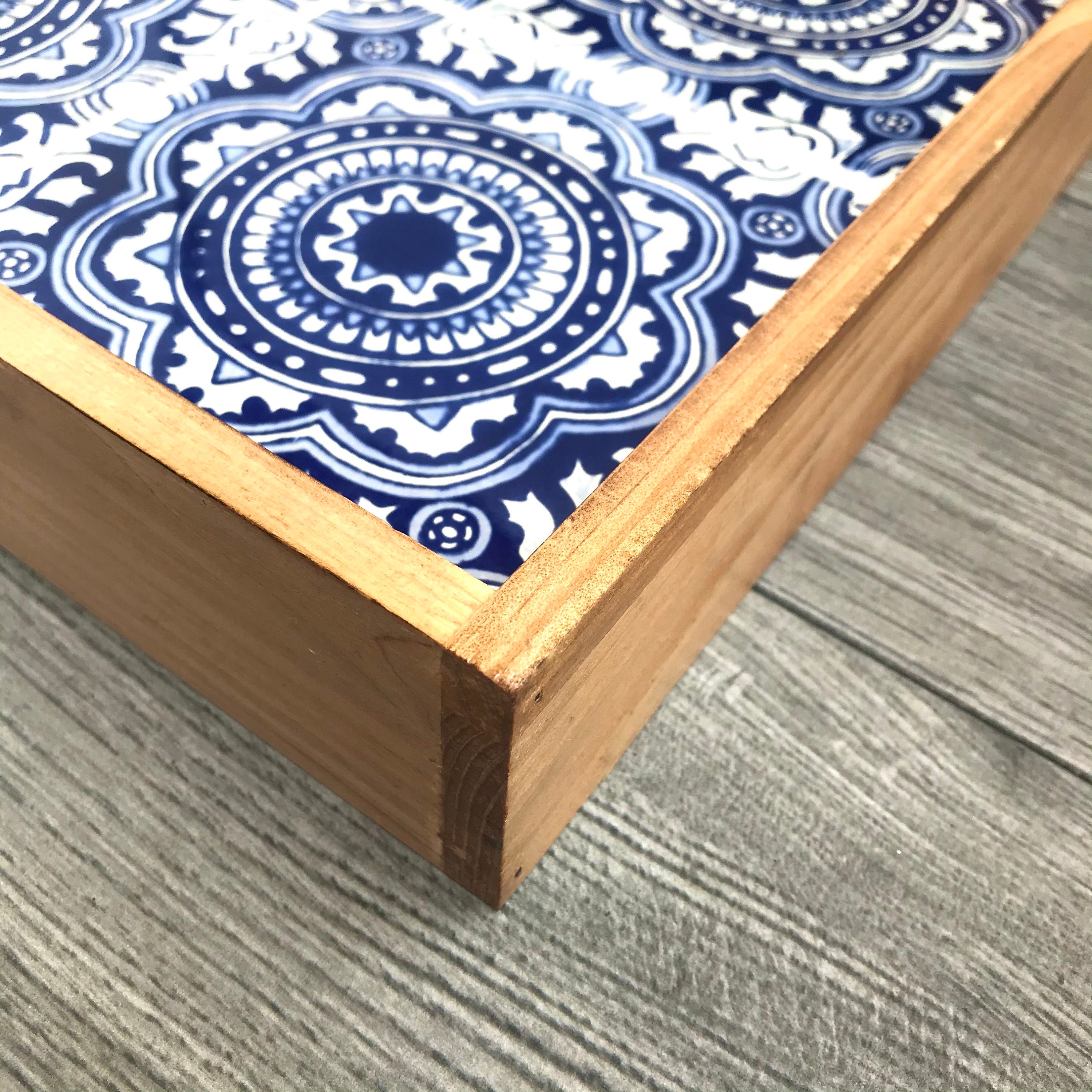 Large Wooden Decorative Tray with Blue and OffWhite Ramos Mexican