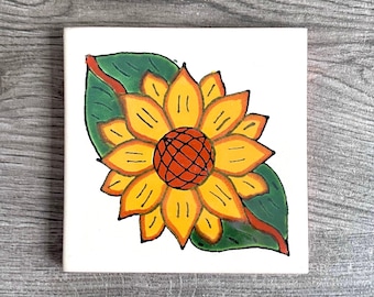 White "Girasol" Mexican Talavera Tile Coaster