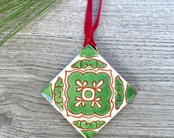Green "Toledo" Mexican Tile Christmas Tree Ornament