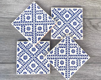 Blue and Off-White &quot;Hojas&quot; Mexican Tile Coasters