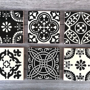 Mixed Set of 6 Black and Off-White Mexican Tile Coasters