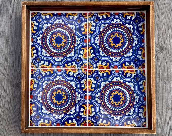 Large Wooden Decorative Tray With Red and Blue royal Mexican Talavera