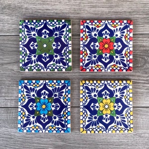 Mixed Set of 4 Red, Orange, Green, and Blue Mexican Tile Coasters