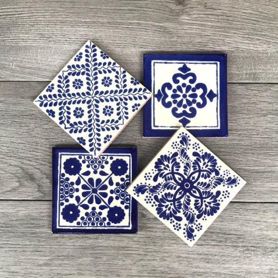 Mixed Set of 4 Blue and Off-white Mexican Tile Coasters 