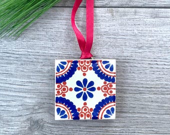Blue and Red "Madrid" Mexican Tile Christmas Ornament
