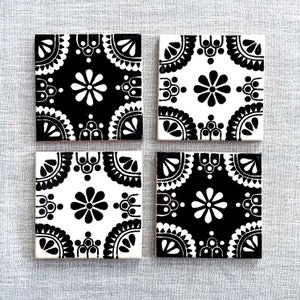 Mixed Set of 4 Black and Off-White Mexican Tile Coasters