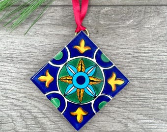 LARGE Blue "Romini" Mexican Talavera Tile Christmas Ornament