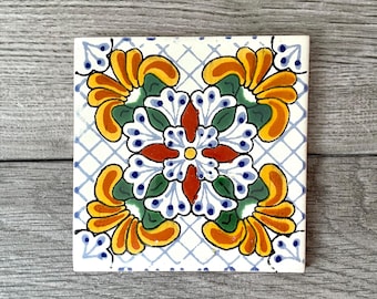 White "Florecita" Mexican Talavera Tile Coaster