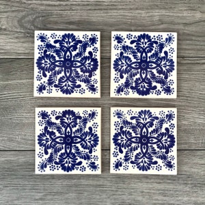 Blue and Off-White "Teleraña" Mexican Tile Coasters