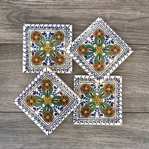 White, Blue, and Green &quot;Cacerez&quot; Mexican Tile Coasters