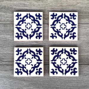 Blue and Off-White &quot;Barocco&quot; Mexican Tile Coasters
