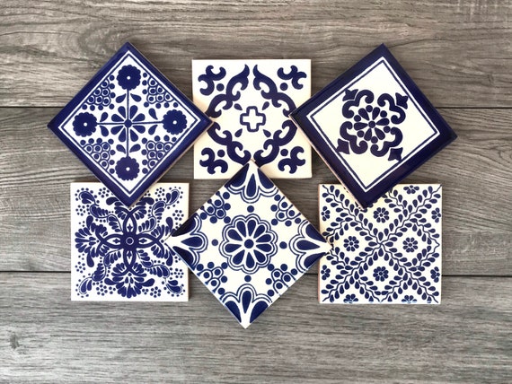 Mixed Set of 6 Blue and Off-White Mexican Tile Coasters