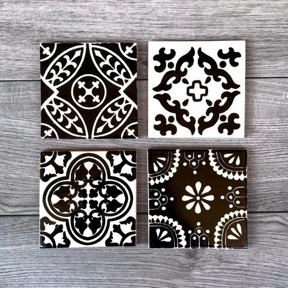 Mixed Set of 4 Black and Off white Mexican Tile Coasters Etsy Sweden