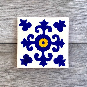 Blue and Yellow &quot;Valencia&quot; Mexican Talavera Tile Coaster