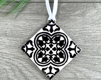 LARGE Black and White Mexican Tile Christmas Ornament