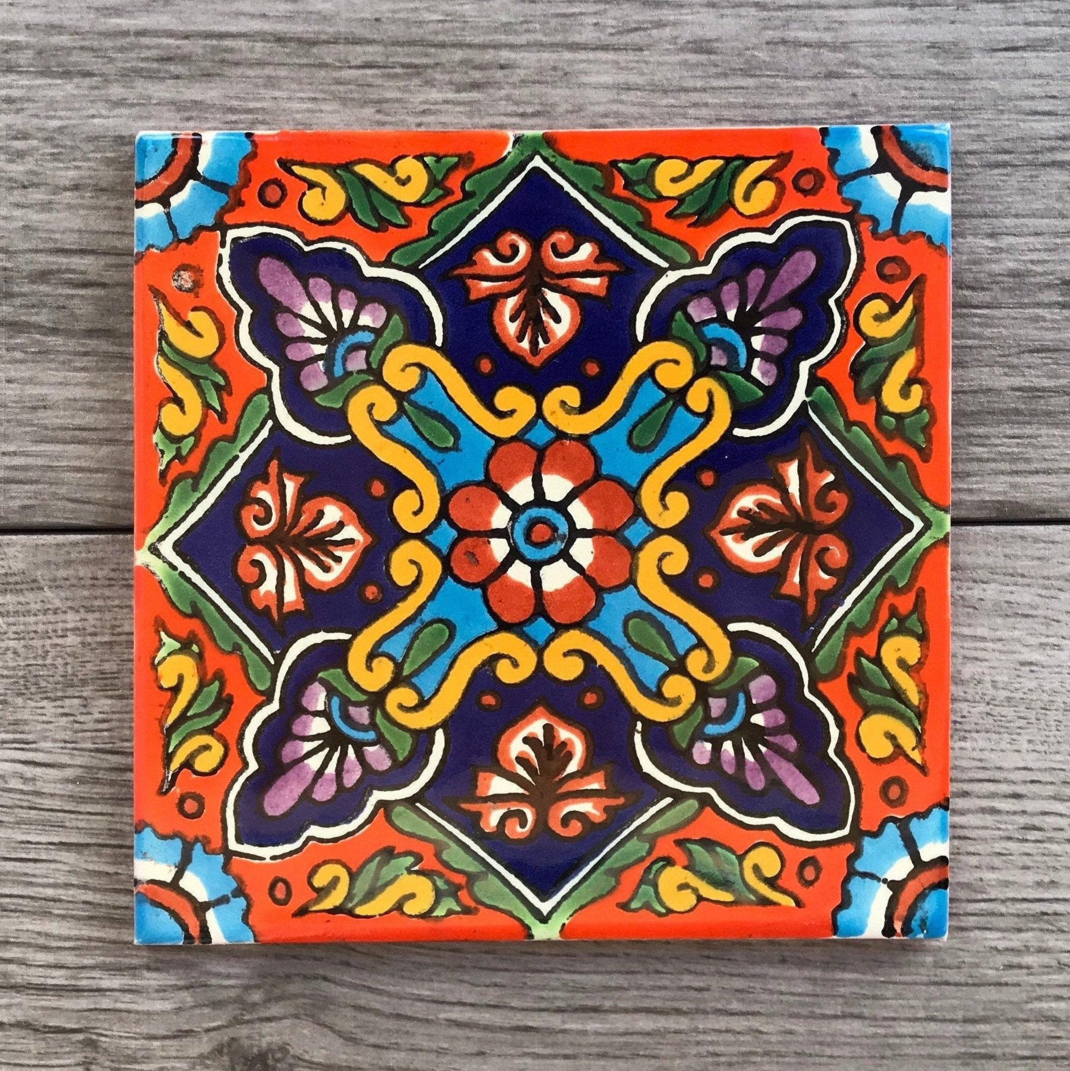 6" Orange and Blue "Naranja" Mexican Tile Trivet