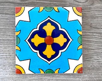Turquoise and Orange "Tabasco" Mexican Talavera Tile Coaster