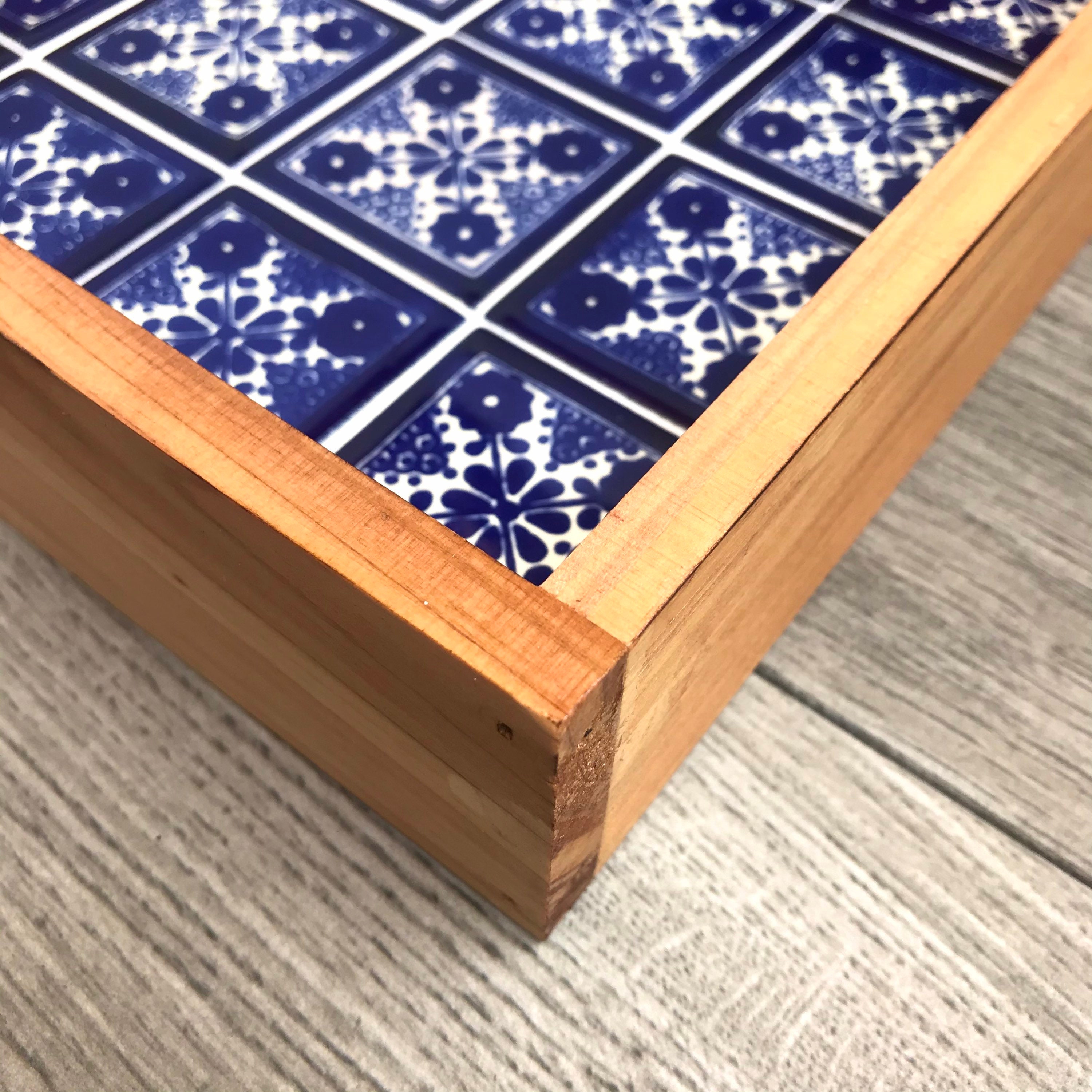 Large Wooden Decorative Tray with Blue and OffWhite Ramos Mexican