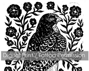 Digital Download - Hawk Blossom Print / Tattoo Permission (This is not a Physical Item, Digital File Only)