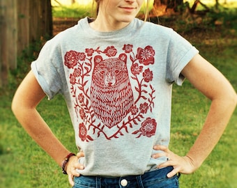 Red "BearFlower" T-shirt - Block Printed - Linocut Design - Hippie - Bohemian - Rustic Apparel - Hiking - Woodland Style Clothing