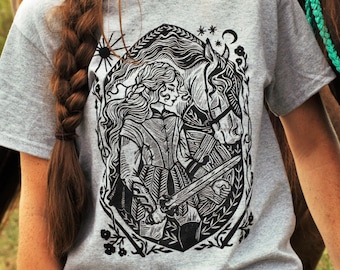 Shieldmaiden Gray Block Printed T-shirt - Viking Shirt - Celtic - Gaelic - Nordic - Warrior Horse - Medieval Renaissance Shirt - Lady Knight