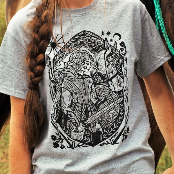 Shieldmaiden Gray Block Printed T-shirt - Viking Shirt - Celtic Nordic - Warrior Horse - Medieval Renaissance Shirt - Lady Knight Gift