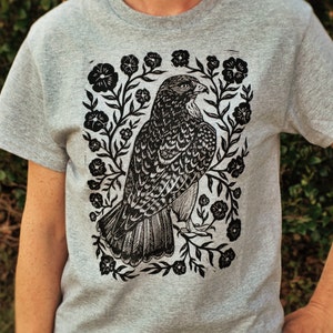 Hawk Blossom Block Printed Shirt - Rustic Apparel - Boho Hippie Shirt - Folk Art Apparel - Bird Lover