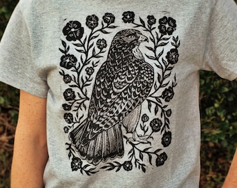 Hawk Blossom Block Printed Shirt - Rustic Apparel - Boho Hippie Shirt - Folk Art Apparel - Bird Lover