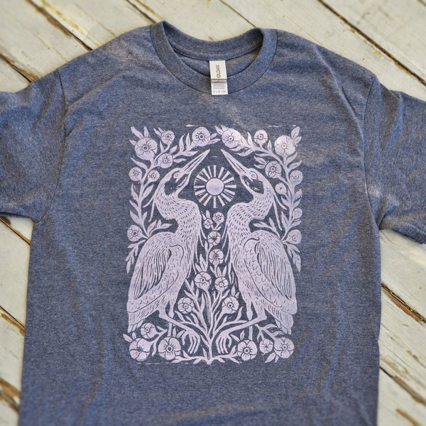 Rustic Two Herons Block Printed Shirt - Heather Navy Gildan Unisex Shirt - Boho Hippie Apparel - Folk Art Shirt - Heron Flower Shirt