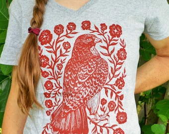 Hawk Blossom V-Neck Shirt - Block Printed - Rustic Hawk Art - Bird Lover - Birding Apparel - Folk Art Apparel