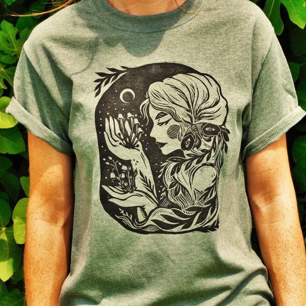 Wildwood Dreamer T-shirt - Block Printed - Linocut - Fairytale - Boho Apparel - Forest Lover - Woodland Goddess - Nymph - Flora & Fauna