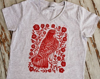 Hawk Blossom V-Neck Shirt - Block Printed - Rustic Hawk Art - Bird Lover - Birding Apparel - Folk Art Apparel