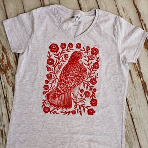 Hawk Blossom V-Neck Shirt - Block Printed - Rustic Hawk Art - Bird Lover - Birding Apparel - Folk Art Apparel