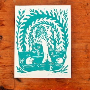 Turquoise &quot;Selkie Skin&quot; Print - Linocut Block Print - Celtic Folklore - Folk Art - Sea Lover Art