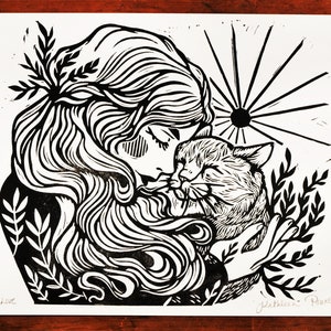 Kitty Love Linocut Print - Block Print - Cat Lover Artwork - Cat Lady - Folk Art - Feline - Illustration - Cat Wall Art