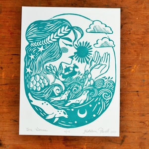 Sea Dreamer - Linocut Print - Block Printed Selkie Art - Selkie Art - Seal Art - Beach Lover