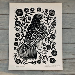 Hawk Blossom Block Print - Rustic Art - Linoprint - Linocut Print - Artist Print - Hawk Art -