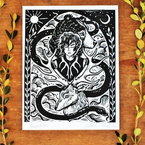 Shapeshifter Linocut Print - Block Print - Folklore Illustration - Therianthropy - Deer - Bear - Snake - Woodland Art - Fairytale